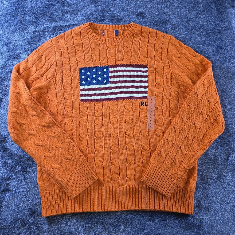 Polo Ralph Lauren Cable Knit Iconic USA Flag Sweater Mens Large Orange Patriotic